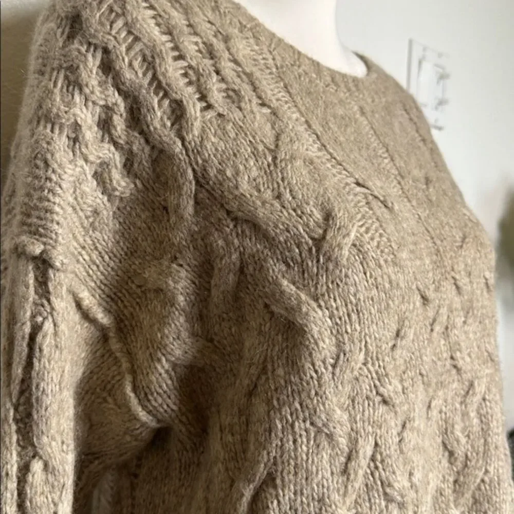 Free Peoples Chunky Cable Knit Sweater Womens XS Alpaca Wool Distressed Crew Tan